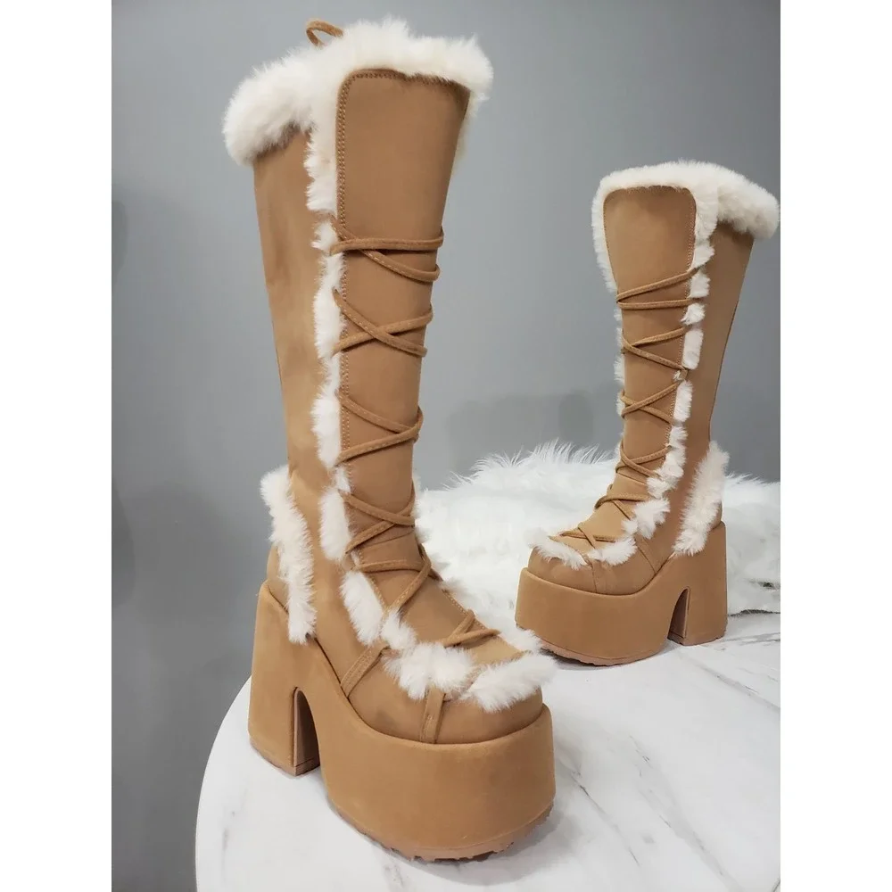 SIZE 8 DEMONIA CUBBY 311 Camel Platform Lace Up Fur Trim Mid Calf Boots RAVE